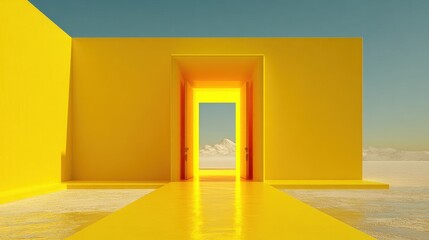 Poster - 3d render, abstract modern minimal background with yellow light going through the opening double doors. Architectural design element. Opportunity metaphor --no hard shadows, dark background, dark colo
