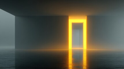 Poster - 3d render, abstract modern minimal background with yellow light going through the opening double doors. Architectural design element. Opportunity metaphor --no hard shadows, dark background, dark colo
