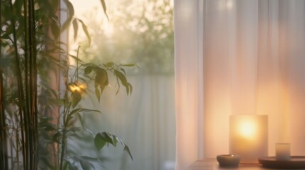 Poster - Soft morning light filtering through sheer curtains highlighting plants and a candle on a table in a serene indoor setting