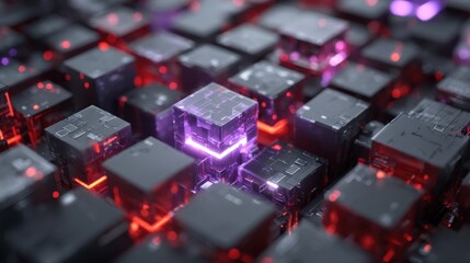 Poster - A close up of a black and purple cube with a red light on it. The cube is surrounded by other black and purple cubes