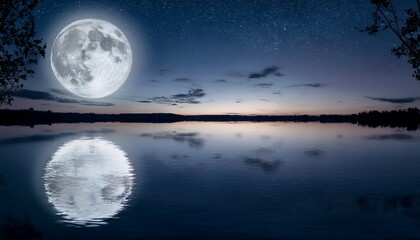 Wall Mural - full moon reflected on calm water at night