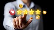 © Fatma - Customer satisfaction evaluation with five glowing stars and emoji feedback icons being selected by a person s finger on a dark background