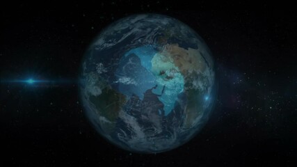 Poster - Lens flare starting 3D globe emerging and rotating with pulsing overlay visualizing data