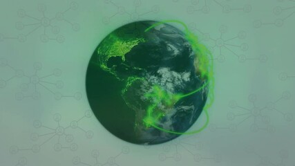 Poster - Globe rotating westward on load, marking urban clusters, drawing green arcs for network demo