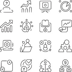 Poster - A collection of sixteen business and data related line icons arranged on a light background
