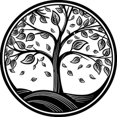 Poster - A beautiful black and white circular illustration of a stylized tree with falling leaves in a decorative frame