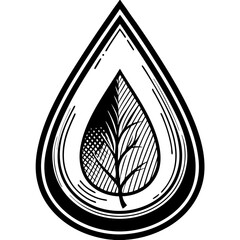 Poster - Elegant black and white leaf design enclosed in a water drop shape representing nature and sustainable eco-friendly concepts.