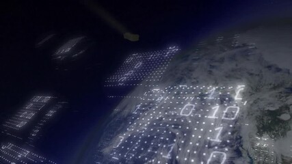 Poster - Scan beam appearing triggers 3D panels forming and drifting in Earth orbit while mapping cloud data