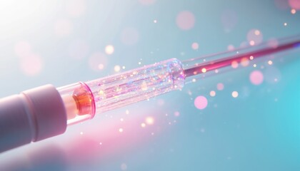 Poster - Fiber optic cable transmitting data with colorful light beams. Futuristic, precise tech concept. Broadband internet connection, network communication, digital technology.