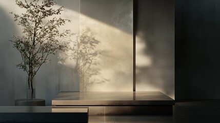 Poster - Natural light stream illuminates minimalistic interior with plant and shadows during afternoon hours