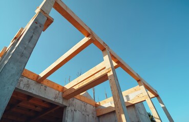 Aufkleber - Architectural building construction. Wooden beams concrete columns against blue sky. Under construction framework, modern design. Structural elements. Sustainable building. Building site.