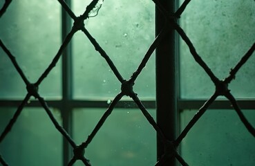 Poster - Close-up green glass window with grid pattern. Black metal grid, diamond shape texture, architecture design. Modern building element, interior details for creative projects. Vintage window with grid,