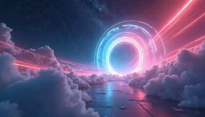 Aufkleber - Illustration of futuristic portal in cloudy space. Vibrant light trails lead to glowing core. Abstract digital artwork with cosmic theme. Ideal for tech, sci-fi, digital art projects. Concept of