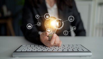 Poster - cyber security protects against breaches, hacks, and network attacks using strong infrastructure and