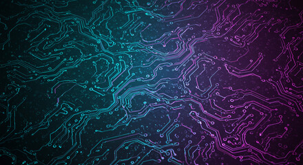 Poster - Abstract image of a circuit board with teal and purple lighting creating a futuristic design
