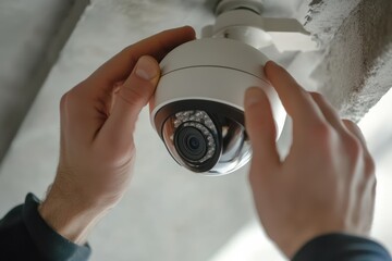 Poster - Security specialist installs surveillance camera for enhanced protection
