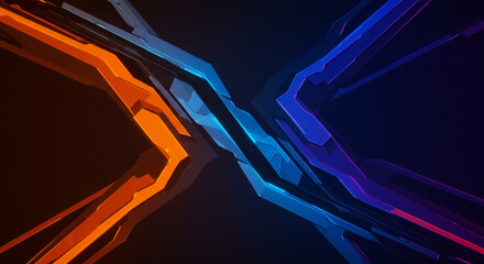 Poster - Abstract geometric shapes in orange and blue converging on a dark gradient background design element