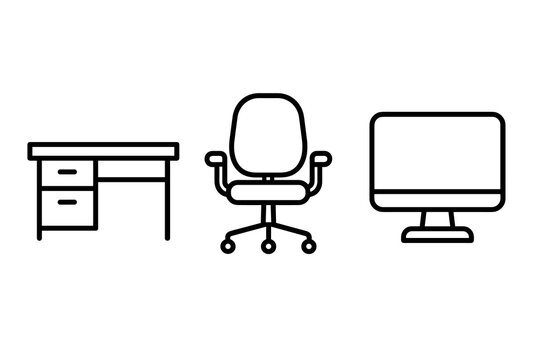 Office desk, chair, and computer icon set for workspaces