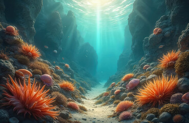 Aufkleber - Underwater illustration of Cambrian explosion with diverse marine species, vibrant colors. Exotic creatures, coral reefs, deep sea environment, clear water, sunlight. Illustrative art captures