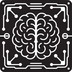 Poster - Graphic illustration of a brain inside a square with circuit board design in black and white
