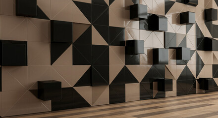 Poster - Geometric wall art with black and beige triangles and protruding black cubes in a modern design