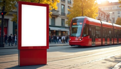 Poster - Red digital billboard in urban setting near tram. Blank advertising display for commercial marketing and public advertisement on city street. Urban transport, people, buildings.