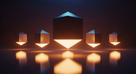 Poster - Glowing hexagonal prisms creating a futuristic ambiance on reflective surface