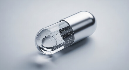 Poster - Transparent pill revealing liquid formula with tiny bubbles on neutral background