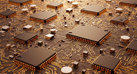 Poster - Detailed view of a complex circuit board with multiple integrated chips and intricate pathways