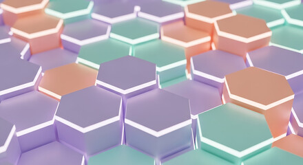 Aufkleber - Pastel colored hexagons forming a futuristic technological honeycomb structure are glowing with neon light