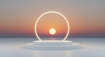 Aufkleber - White round podium illuminated by neon circle at sunset for product presentation