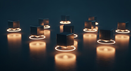 Aufkleber - Metallic cubes levitating over glowing rings in dark empty room