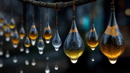 Poster - A row of glass teardrop ornaments suspended from a branch on brown cords filled with a golden tinted liquid reflecting light in a dark atmosphere