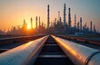 © miss irine - Industrial pipes lead to chemical plant at sunset. Pipes, smokestacks, factory silhouette against orange sky. Heavy industry, energy production, oil refining. Modern technology, construction,