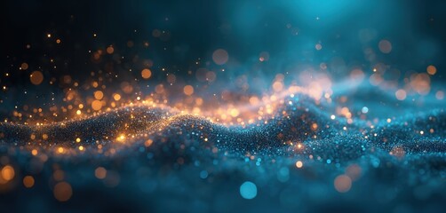 Aufkleber - Mysterious, mesmerizing image of sparkling bokeh lights on dark background. Blue and gold glitter orbs, particles create magical glowing festive atmosphere. Ideal for holiday, celebration design.
