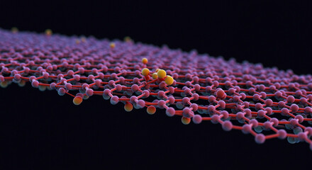 Poster - A close up view of a graphene structure with yellow atoms on a dark background illustration