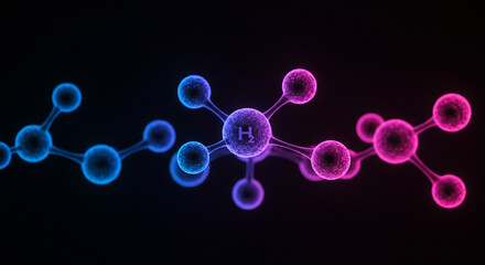 Poster - Molecular structure with hydrogen atom in center and blue and pink spheres on a black background