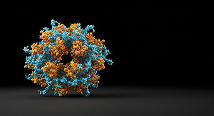 Poster - Complex molecular structure with blue and orange elements on a dark background in a studio setting