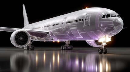 Poster - A holographic airplane glows purple against a sleek black background, highlighting its intricate design