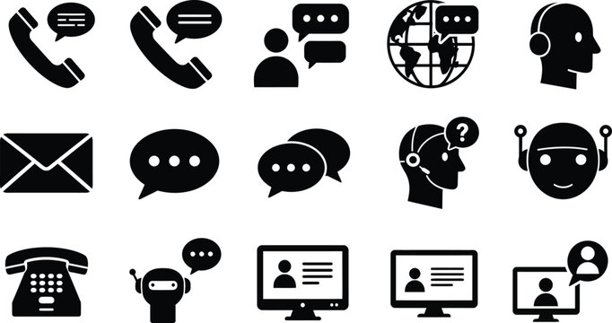 Black web business icon set: money, bank, mail, phone, video, camera, and globe symbols for internet and computer illustrations