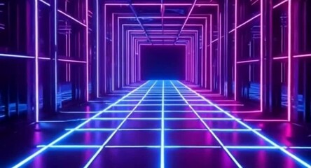 Poster - Abstract Neon Tunnel with Blue and Pink Lights Futuristic Background and Grid Floor