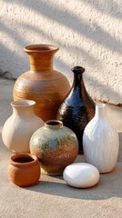 Poster - Minimalist display of several white vases arranged artistically on a smooth beige surface, illuminated by soft sunlight