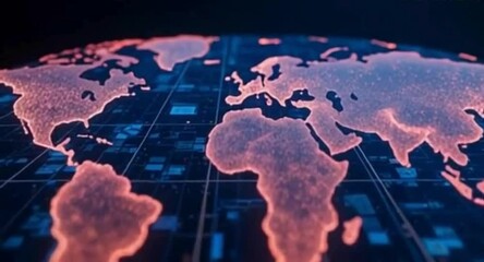 Poster - Global Network Connectivity Digital World Map with Futuristic Technology Grid Background
