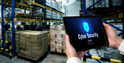 Poster - Cyber security system on computer screen protect private information snugly from hacker and cyber attack