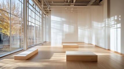 Poster - Modern art gallery interior featuring natural light and minimalist design elements in the afternoon