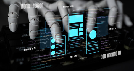 Fototapete - AI designing UI UX interface, optimizing application layout, reviewing structure, and aligning code functionality with visual design components and user experience goals. Latch