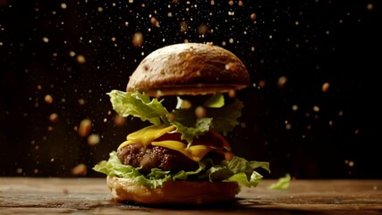 Poster - Delicious Burger With Melted Cheese and Fresh Lettuce in Mid-Air Generative AI