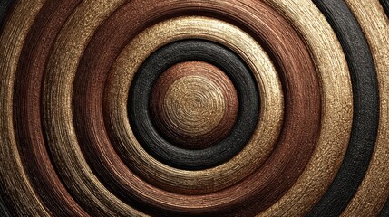 Poster - Gold, copper, and black concentric circles with textured grooves creating a metallic abstract pattern