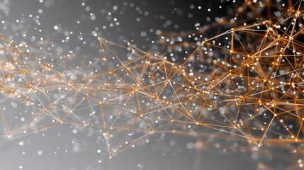 Poster - An intricate arrangement of orange lines interconnects with white dots, forming a dynamic abstract pattern. The design conveys a sense of depth and fluidity against a soft gray background.