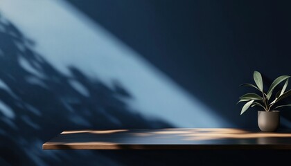 Poster - Empty Table On Dark Blue Wall With Organic Shadow And Light Reflections. Mock-Up For Presentation, Branding Of Products, Cosmetics, Food, Or Jewelry.